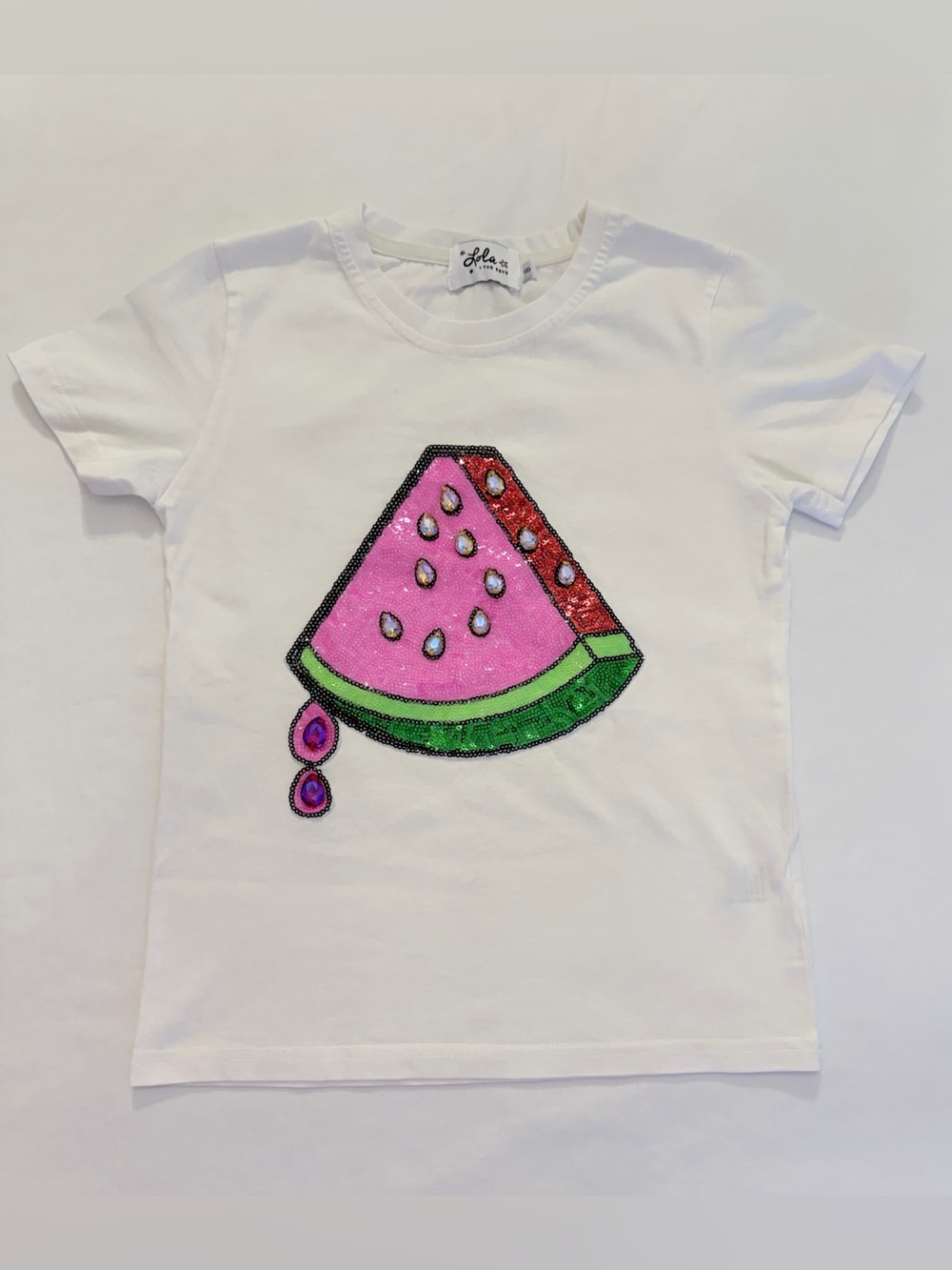 Lola + The Boys Girls Short Sleeve White Tee with Pink Sequin Watermelon Size 8